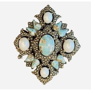 VTG. SARAH COVENTRY "REMEMBRANCE" TEAL ROBIN EGG CABOCHON GOLD TONE BROOCH